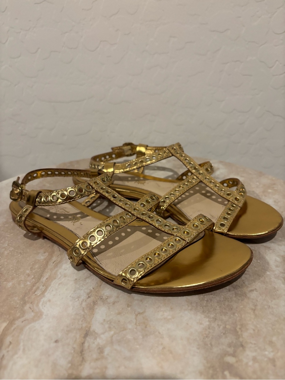 L.A.M.B. Gold gladiator strapping flat studded sandals